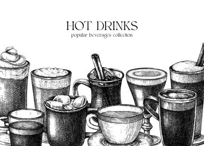Bar menu design template. Vector banner with hot drinks illustrations. Hand-sketched tea, mulled wine, coffee, hot chocolate drawings. Popular beverages in mugs, cups, glasses for cafe brands.